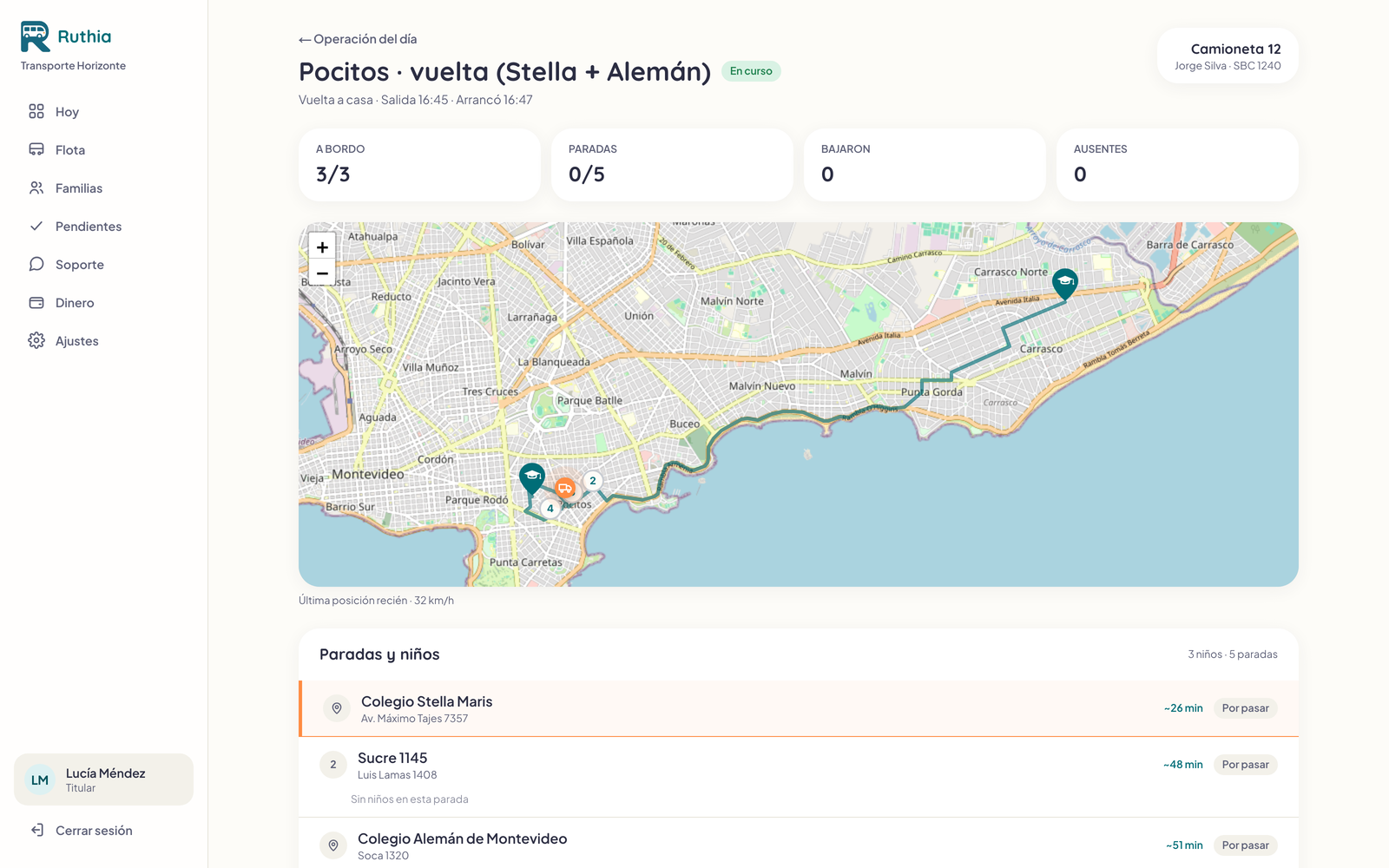 Panel de Ruthia: viaje en vivo con recorrido, paradas y niños a bordo